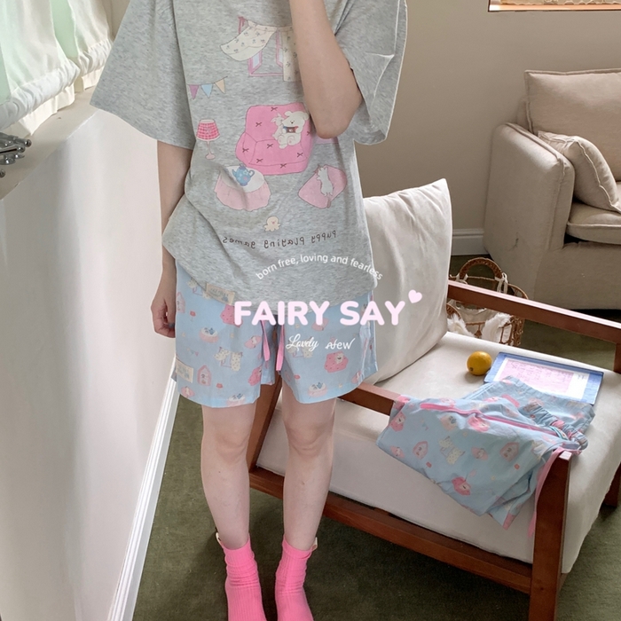 91家纺网 家纺一手货源 找家纺 妍景2025新款宅家少女睡衣短袖短裤 游戏狗狗