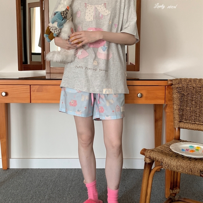 91家纺网 家纺一手货源 找家纺 妍景2025新款宅家少女睡衣短袖短裤 游戏狗狗