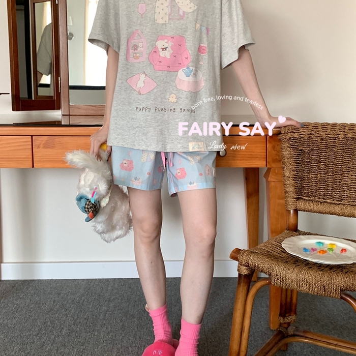 91家纺网 家纺一手货源 找家纺 妍景2025新款宅家少女睡衣短袖短裤 游戏狗狗