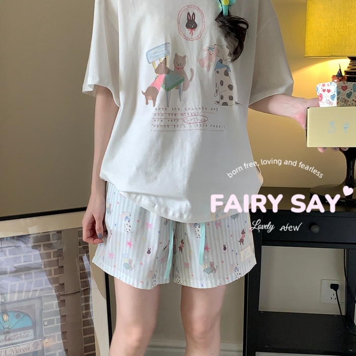 91家纺网 家纺一手货源 找家纺 妍景2025新款宅家少女睡衣短袖短裤 一口兔兔