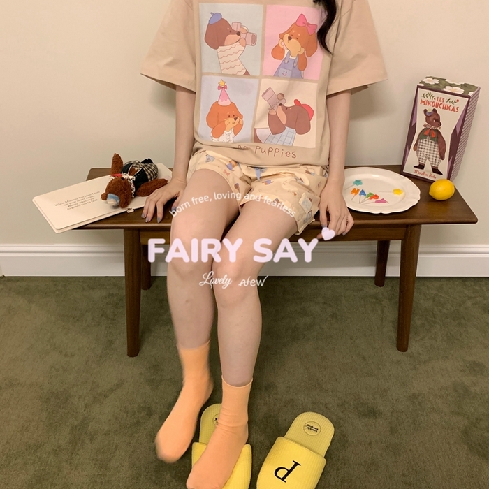 91家纺网 家纺一手货源 找家纺 妍景2025新款宅家少女睡衣短袖短裤 外拍狗狗