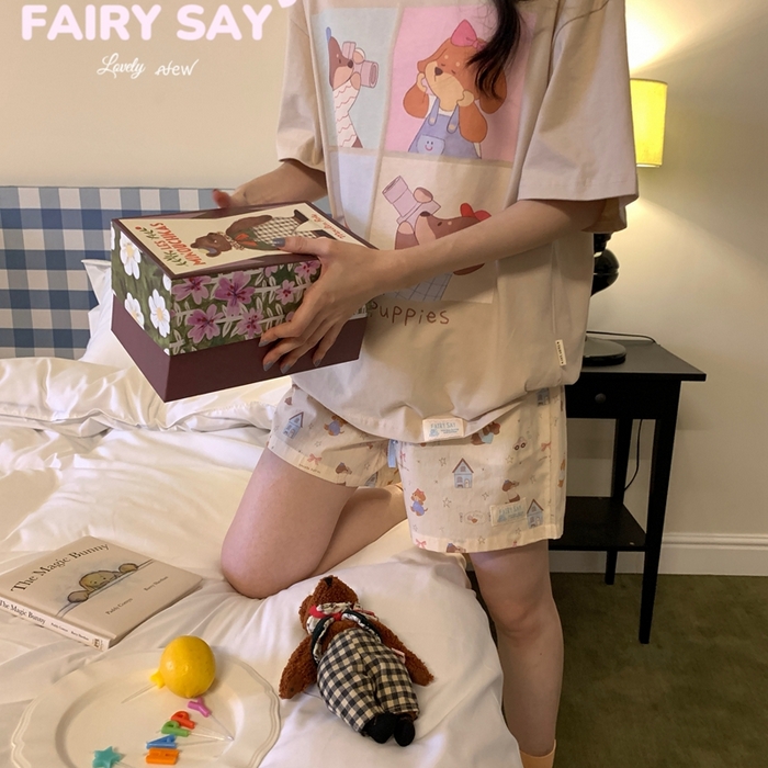 91家纺网 家纺一手货源 找家纺 妍景2025新款宅家少女睡衣短袖短裤 外拍狗狗