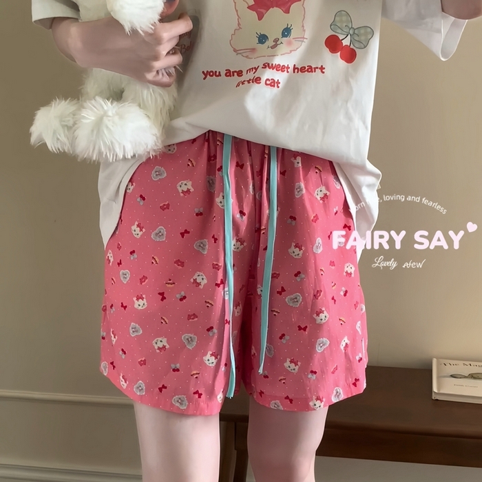 91家纺网 家纺一手货源 找家纺 妍景2025新款宅家少女睡衣短袖短裤 复古猫咪