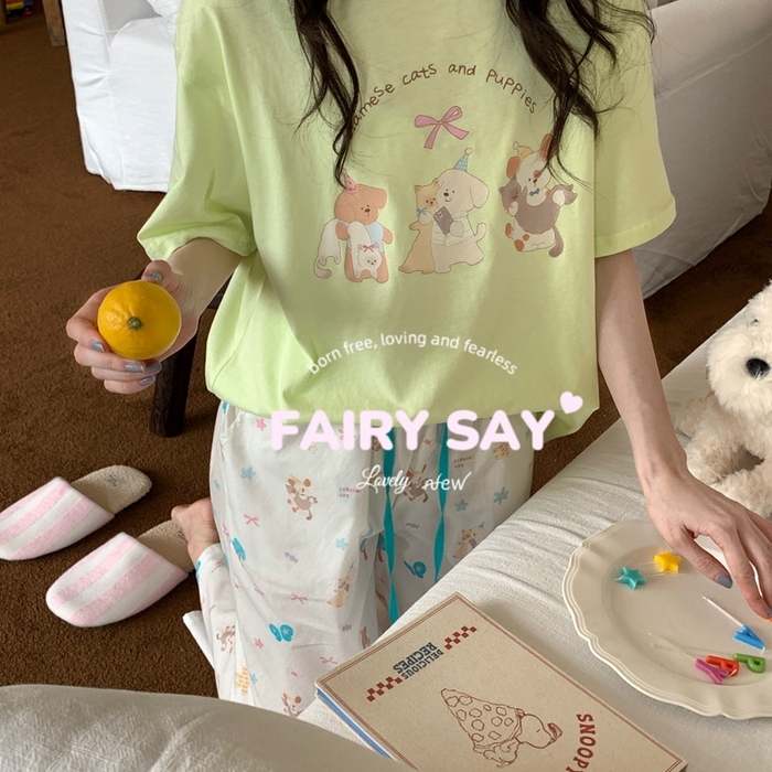 91家纺网 家纺一手货源 找家纺 妍景2025新款宅家少女睡衣短袖长裤 绿底猫咪