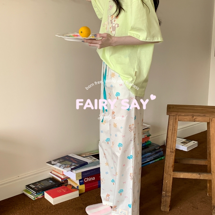 91家纺网 家纺一手货源 找家纺 妍景2025新款宅家少女睡衣短袖长裤 绿底猫咪