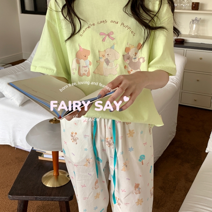 91家纺网 家纺一手货源 找家纺 妍景2025新款宅家少女睡衣短袖长裤 绿底猫咪