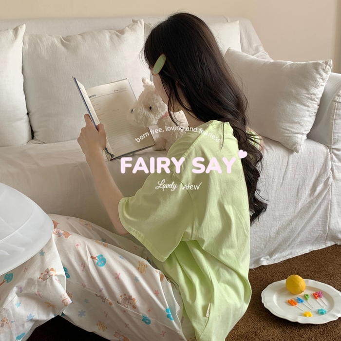 91家纺网 家纺一手货源 找家纺 妍景2025新款宅家少女睡衣短袖长裤 绿底猫咪