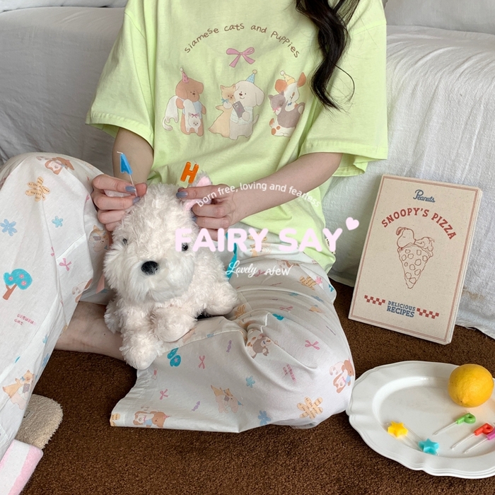 91家纺网 家纺一手货源 找家纺 妍景2025新款宅家少女睡衣短袖长裤 绿底猫咪