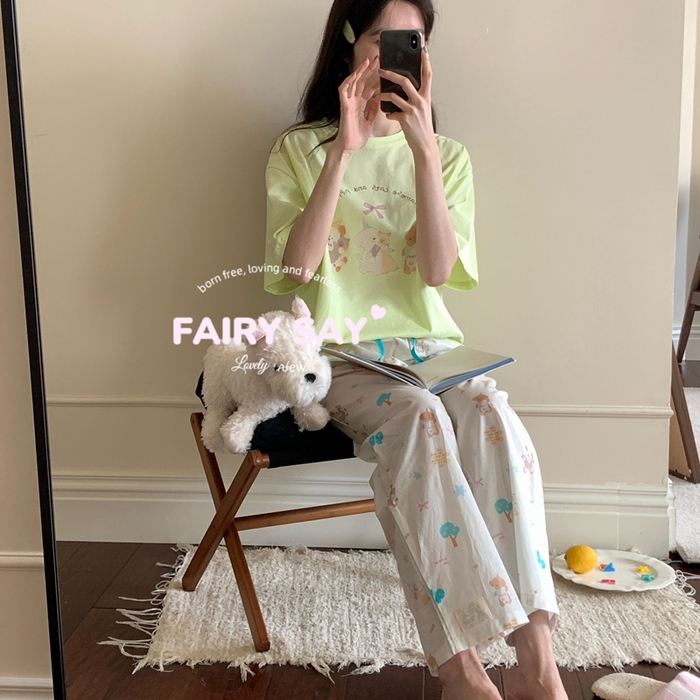 91家纺网 家纺一手货源 找家纺 妍景2025新款宅家少女睡衣短袖长裤 绿底猫咪