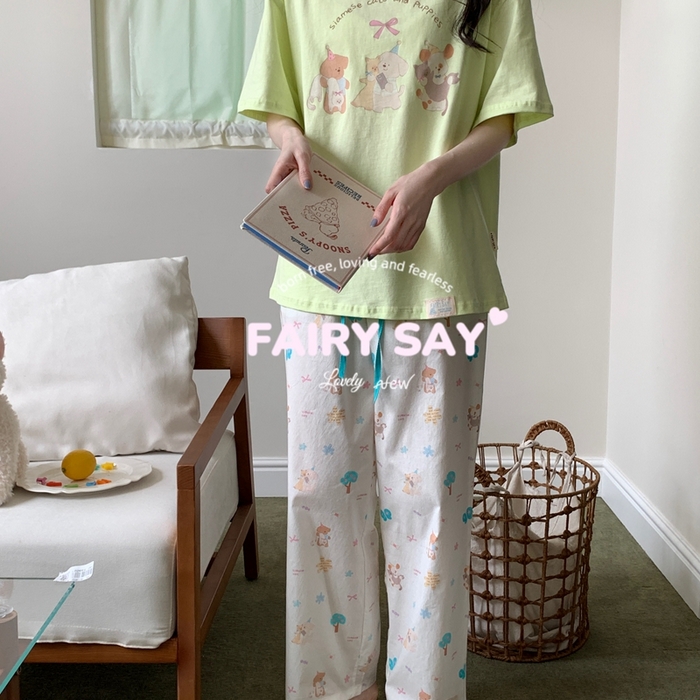 妍景2025新款宅家少女睡衣短袖长裤 绿底猫咪