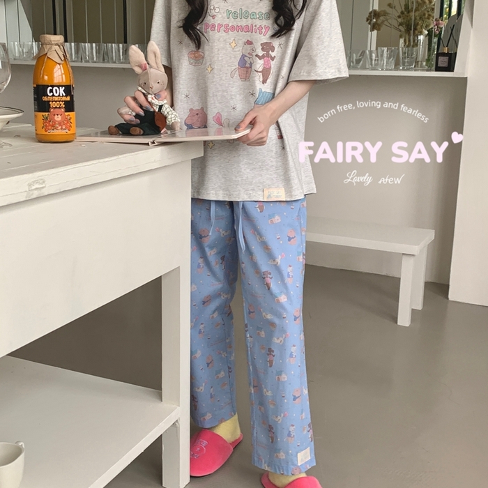 91家纺网 家纺一手货源 找家纺 妍景2025新款宅家少女睡衣短袖长裤 臭屁猫咪灰