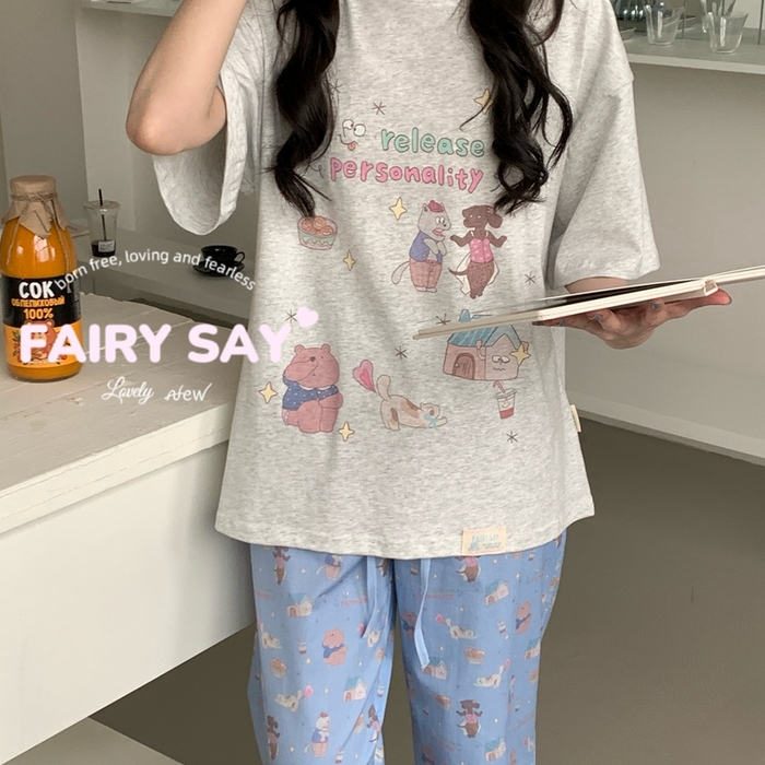 91家纺网 家纺一手货源 找家纺 妍景2025新款宅家少女睡衣短袖长裤 臭屁猫咪灰