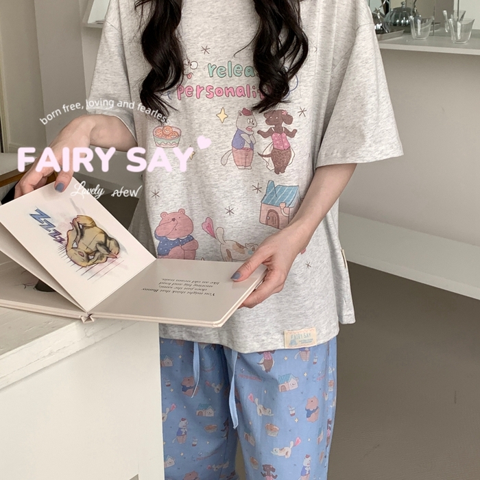 91家纺网 家纺一手货源 找家纺 妍景2025新款宅家少女睡衣短袖长裤 臭屁猫咪灰