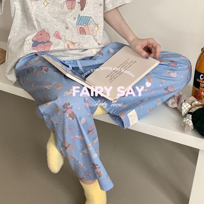 91家纺网 家纺一手货源 找家纺 妍景2025新款宅家少女睡衣短袖长裤 臭屁猫咪灰