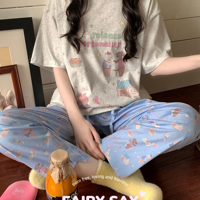 91家纺网 家纺一手货源 找家纺 妍景2025新款宅家少女睡衣短袖长裤 臭屁猫咪灰