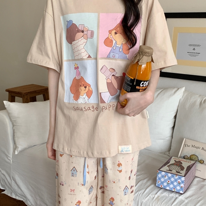 91家纺网 家纺一手货源 找家纺 妍景2025新款宅家少女睡衣短袖长裤 游戏狗狗