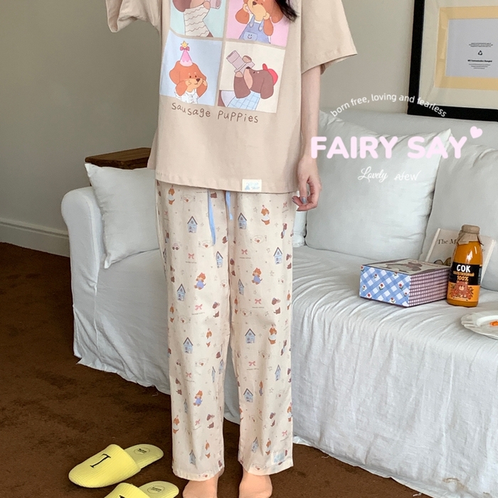 91家纺网 家纺一手货源 找家纺 妍景2025新款宅家少女睡衣短袖长裤 游戏狗狗