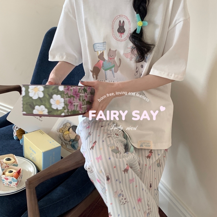 91家纺网 家纺一手货源 找家纺 妍景2025新款宅家少女睡衣短袖长裤 一口兔兔