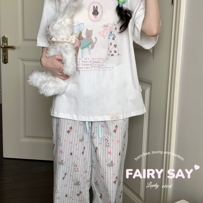 91家纺网 家纺一手货源 找家纺 妍景2025新款宅家少女睡衣短袖长裤 一口兔兔