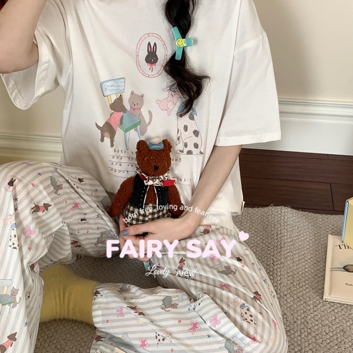 91家纺网 家纺一手货源 找家纺 妍景2025新款宅家少女睡衣短袖长裤 一口兔兔