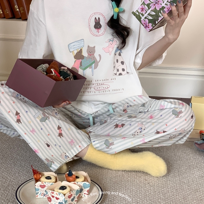 91家纺网 家纺一手货源 找家纺 妍景2025新款宅家少女睡衣短袖长裤 一口兔兔