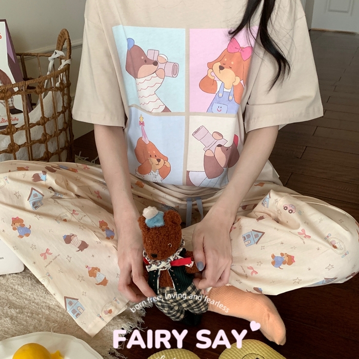 91家纺网 家纺一手货源 找家纺 妍景2025新款宅家少女睡衣短袖长裤 外拍狗狗