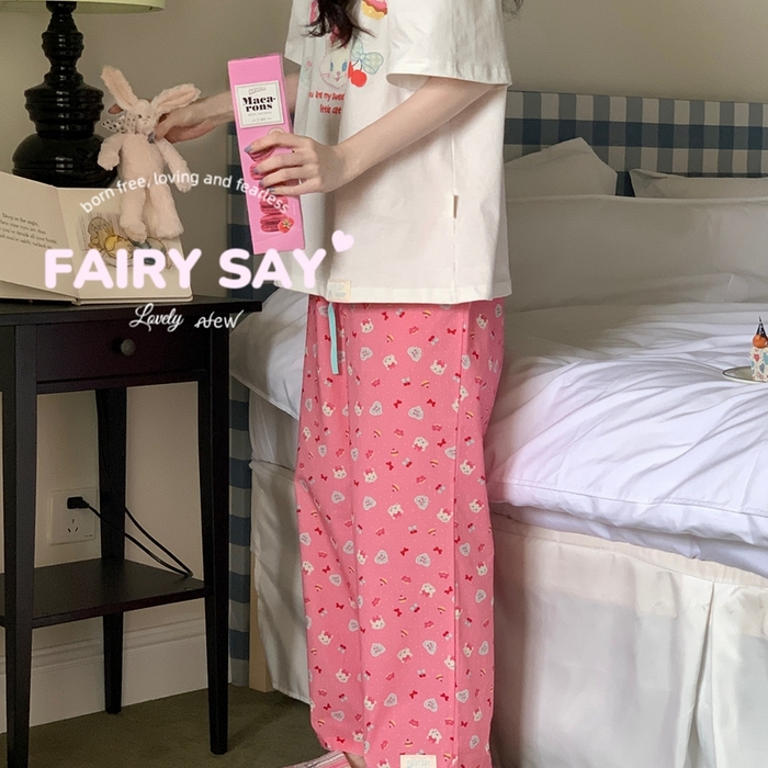 91家纺网 家纺一手货源 找家纺 妍景2025新款宅家少女睡衣短袖长裤 复古猫咪