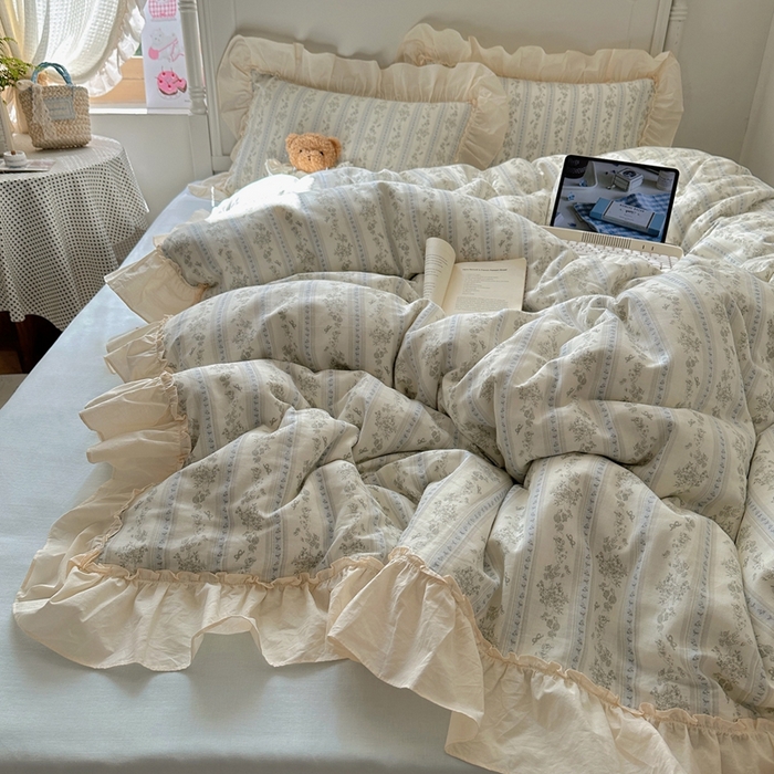 91家纺网 家纺一手货源 找家纺 六巷胡同2025新款法式小碎花a类全棉双层纱花边款四件套 双层纱-浅野茶漾