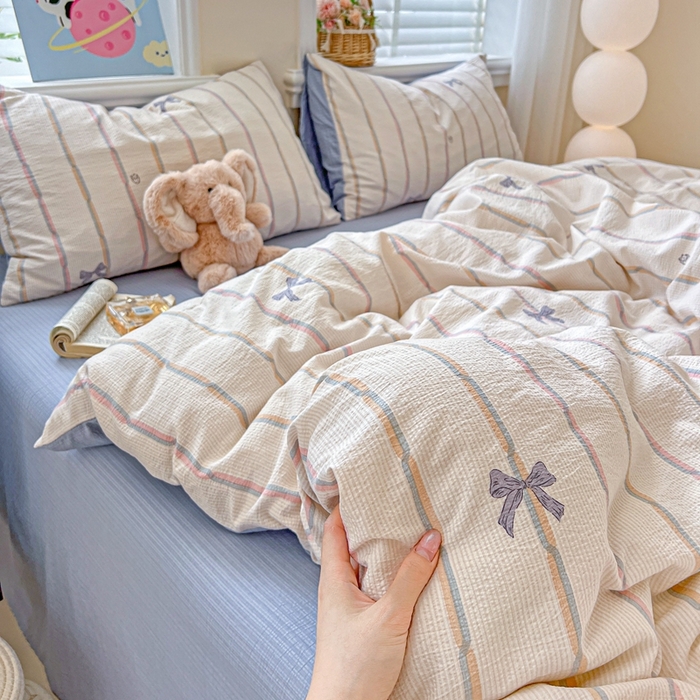 91家纺网 家纺一手货源 找家纺 一比一 2026新款云感皱皱双层纱四件套-简单款情人节