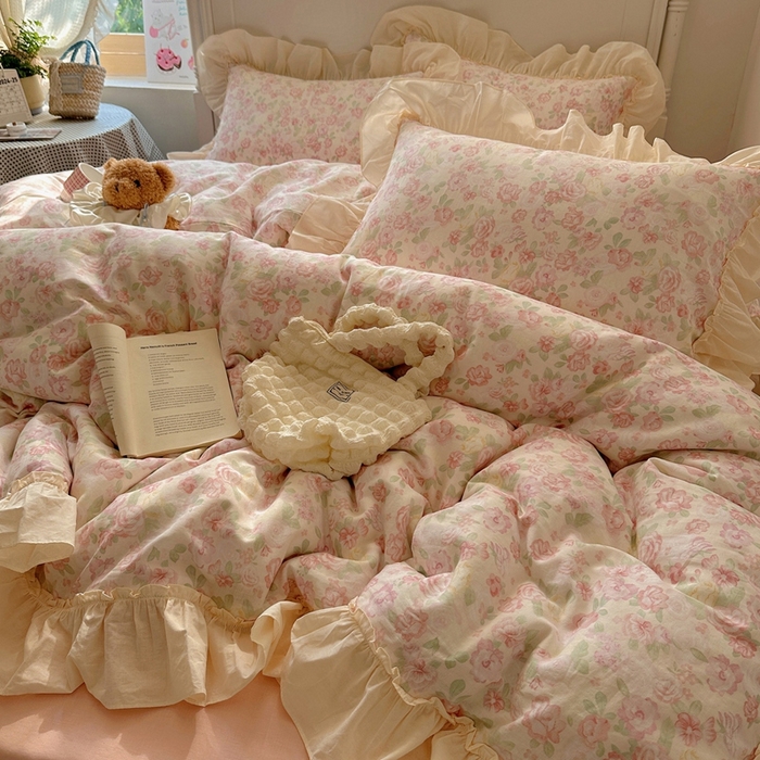 91家纺网 家纺一手货源 找家纺 六巷胡同2025新款法式小碎花a类全棉双层纱花边款四件套 双层纱-茶语山樱