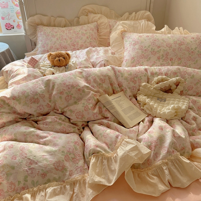 91家纺网 家纺一手货源 找家纺 六巷胡同2025新款法式小碎花a类全棉双层纱花边款四件套 双层纱-茶语山樱