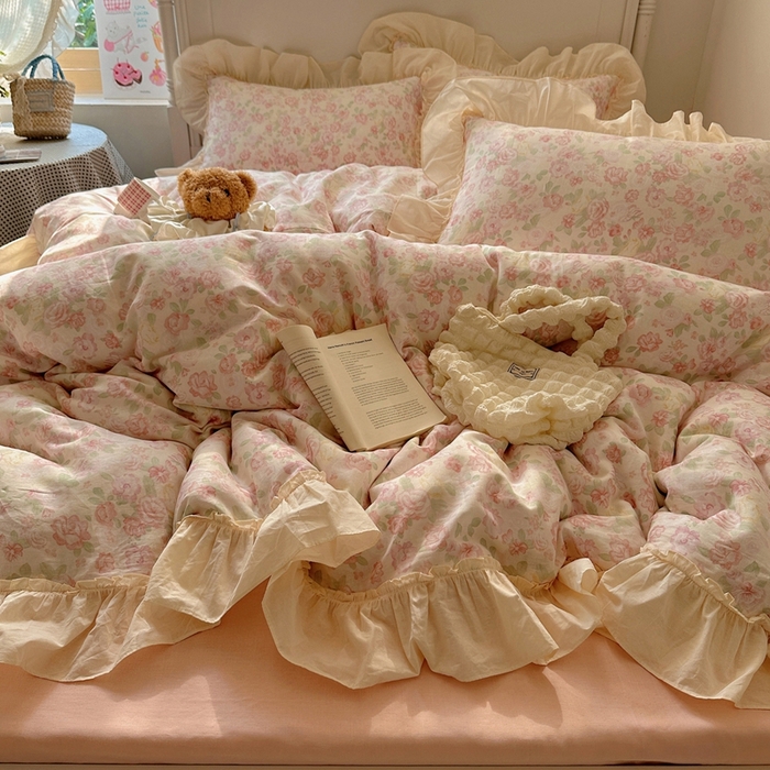 91家纺网 家纺一手货源 找家纺 六巷胡同2025新款法式小碎花a类全棉双层纱花边款四件套 双层纱-茶语山樱