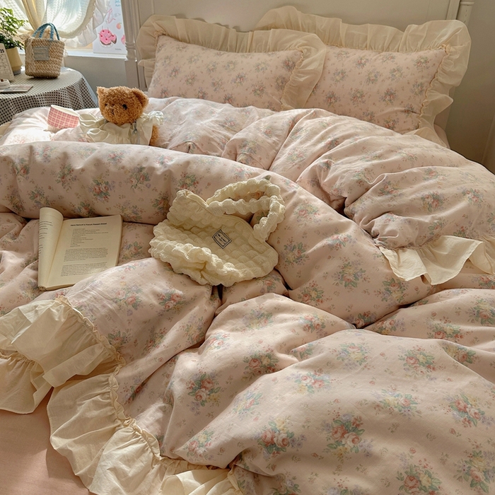 91家纺网 家纺一手货源 找家纺 六巷胡同2025新款法式小碎花a类全棉双层纱花边款四件套 双层纱-风栖木槿