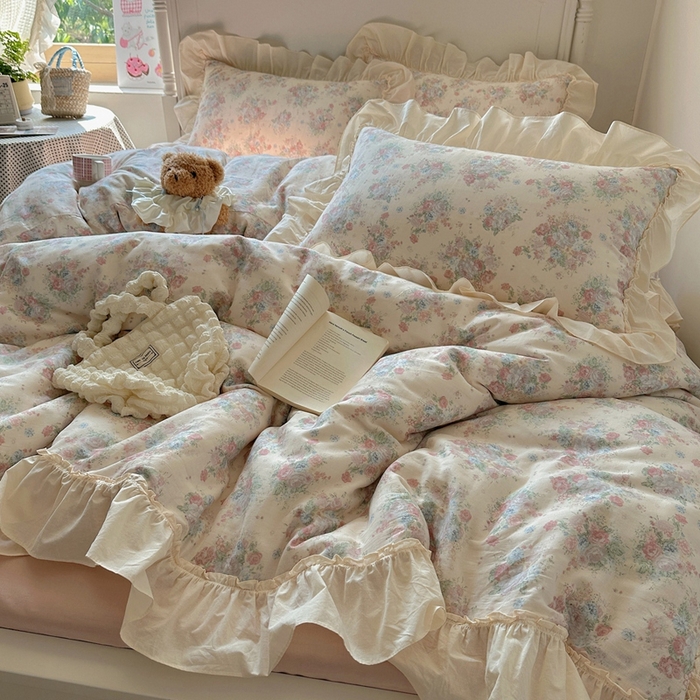 91家纺网 家纺一手货源 找家纺 六巷胡同2025新款法式小碎花a类全棉双层纱花边款四件套 双层纱-莫奈花圃