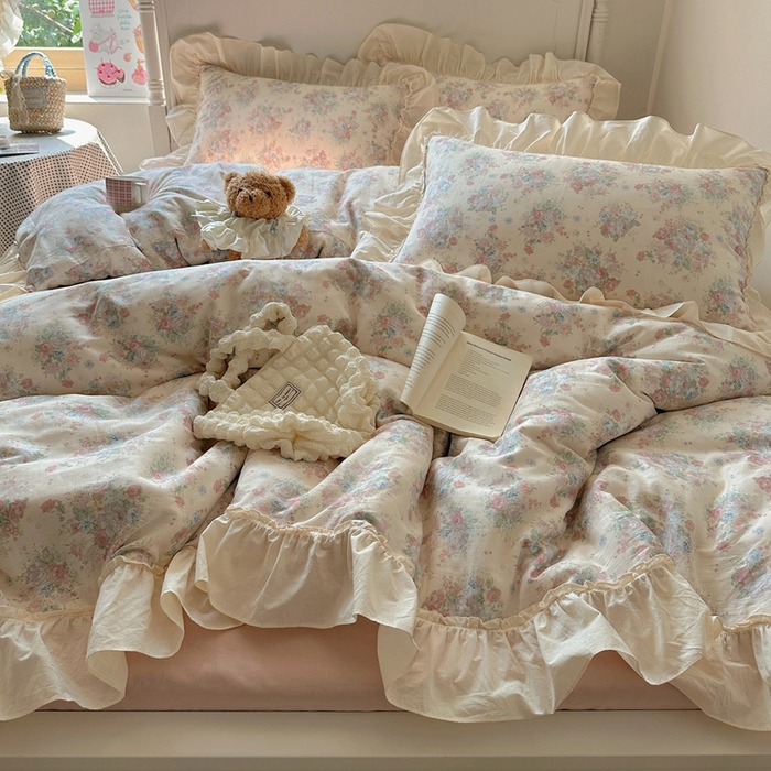 91家纺网 家纺一手货源 找家纺 六巷胡同2025新款法式小碎花a类全棉双层纱花边款四件套 双层纱-莫奈花圃