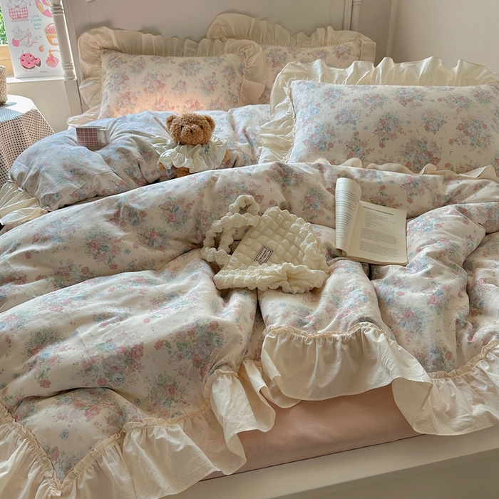 91家纺网 家纺一手货源 找家纺 六巷胡同2025新款法式小碎花a类全棉双层纱花边款四件套 双层纱-莫奈花圃