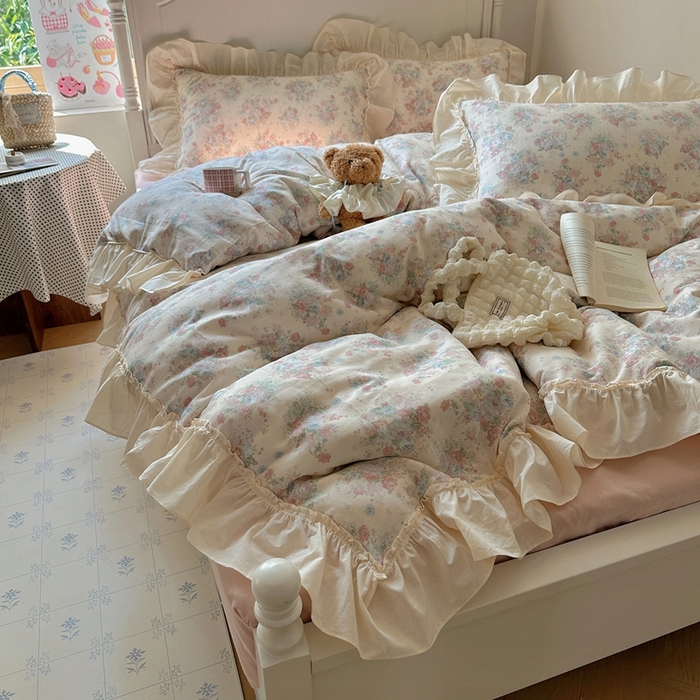 91家纺网 家纺一手货源 找家纺 六巷胡同2025新款法式小碎花a类全棉双层纱花边款四件套 双层纱-莫奈花圃