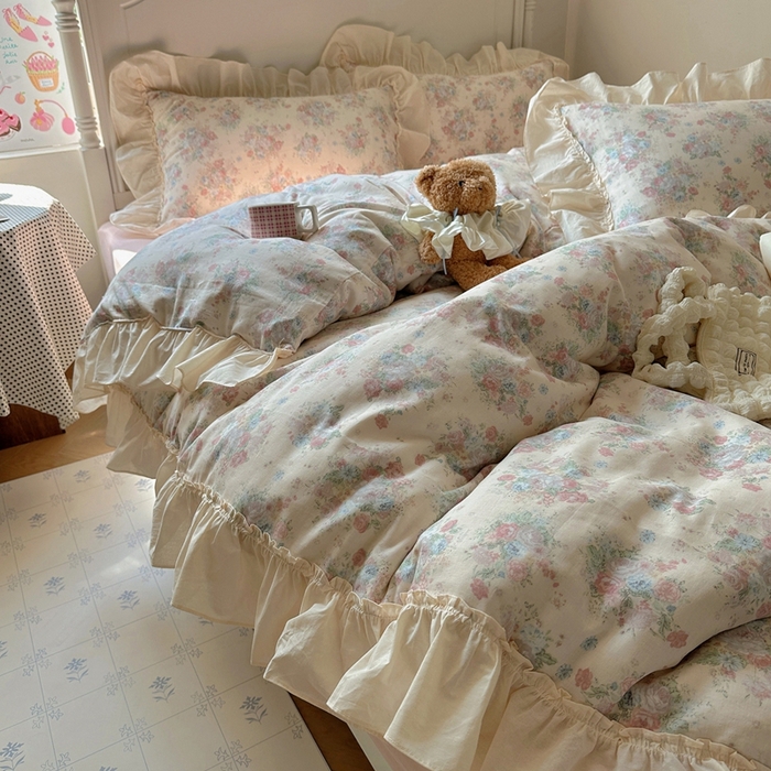 91家纺网 家纺一手货源 找家纺 六巷胡同2025新款法式小碎花a类全棉双层纱花边款四件套 双层纱-莫奈花圃