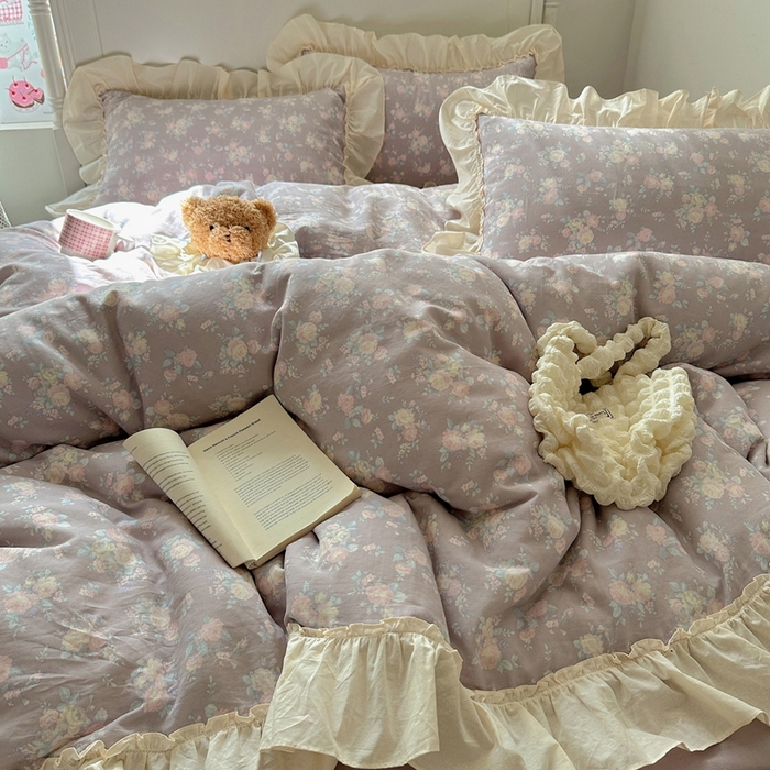 91家纺网 家纺一手货源 找家纺 六巷胡同2025新款法式小碎花a类全棉双层纱花边款四件套 双层纱-慕笙若梦