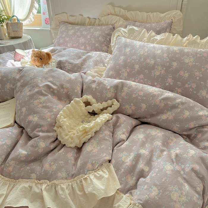 91家纺网 家纺一手货源 找家纺 六巷胡同2025新款法式小碎花a类全棉双层纱花边款四件套 双层纱-慕笙若梦