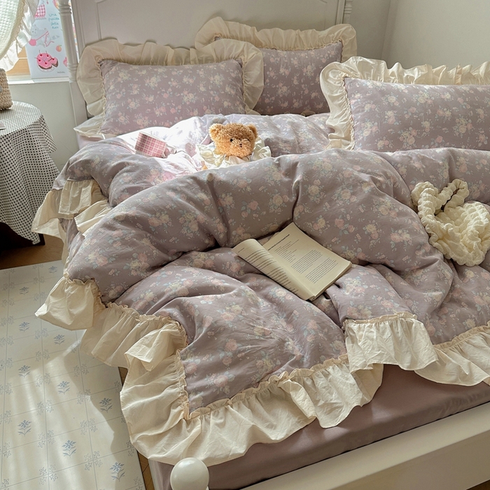 91家纺网 家纺一手货源 找家纺 六巷胡同2025新款法式小碎花a类全棉双层纱花边款四件套 双层纱-慕笙若梦