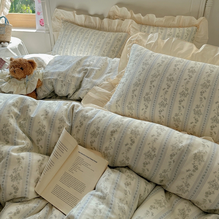 91家纺网 家纺一手货源 找家纺 六巷胡同2025新款法式小碎花a类全棉双层纱花边款四件套 双层纱-浅野茶漾