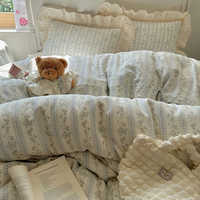 91家纺网 家纺一手货源 找家纺 六巷胡同2025新款法式小碎花a类全棉双层纱花边款四件套 双层纱-浅野茶漾