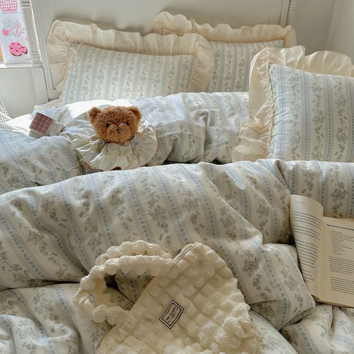 91家纺网 家纺一手货源 找家纺 六巷胡同2025新款法式小碎花a类全棉双层纱花边款四件套 双层纱-浅野茶漾