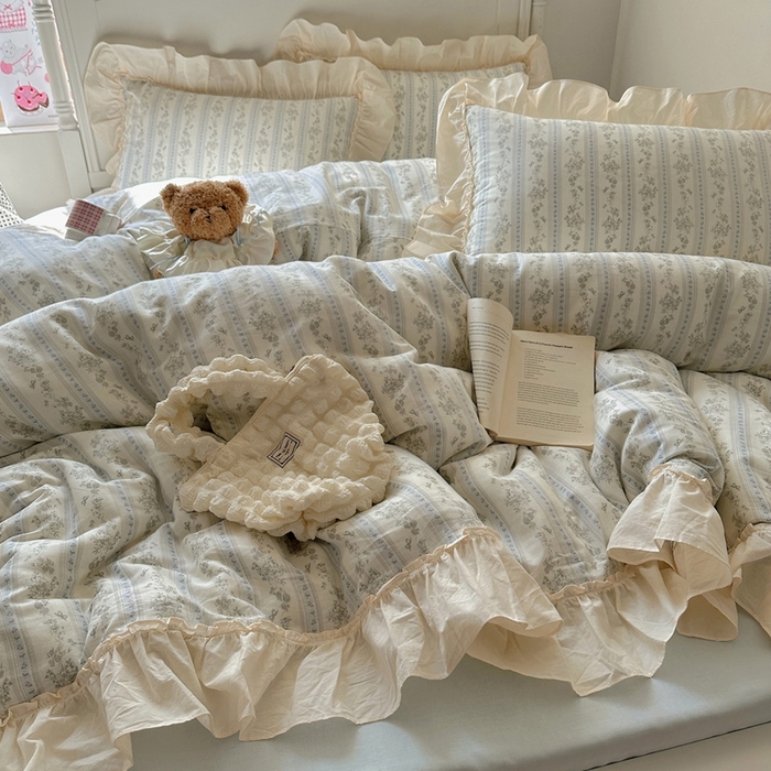 91家纺网 家纺一手货源 找家纺 六巷胡同2025新款法式小碎花a类全棉双层纱花边款四件套 双层纱-浅野茶漾