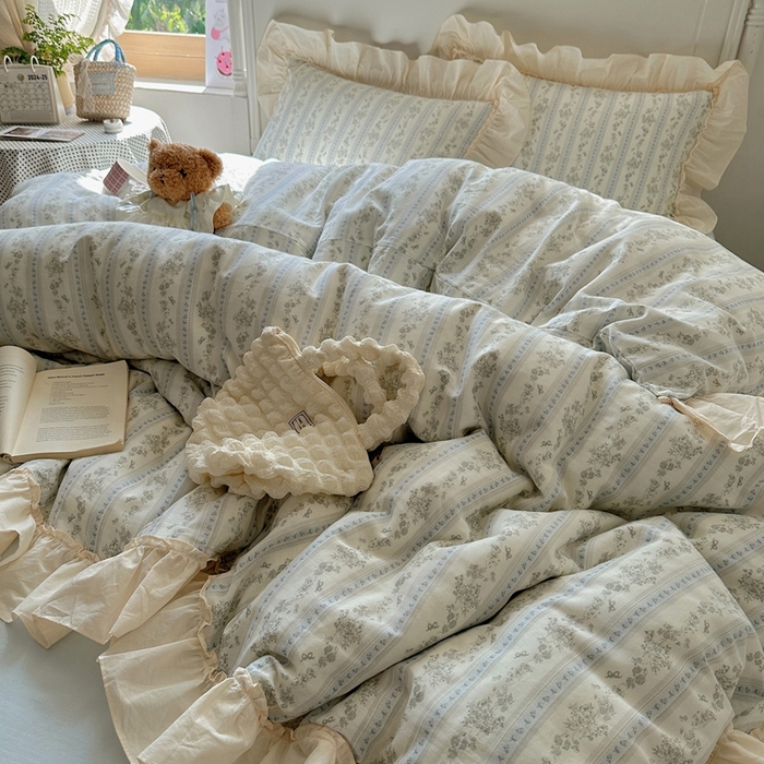 91家纺网 家纺一手货源 找家纺 六巷胡同2025新款法式小碎花a类全棉双层纱花边款四件套 双层纱-浅野茶漾