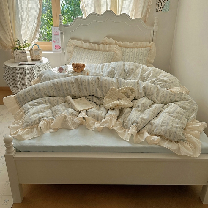 91家纺网 家纺一手货源 找家纺 六巷胡同2025新款法式小碎花a类全棉双层纱花边款四件套 双层纱-浅野茶漾