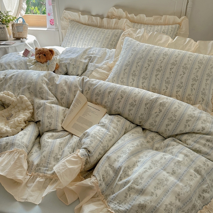 91家纺网 家纺一手货源 找家纺 六巷胡同2025新款法式小碎花a类全棉双层纱花边款四件套 双层纱-浅野茶漾