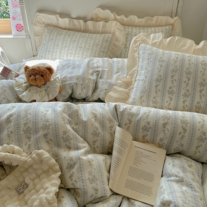 91家纺网 家纺一手货源 找家纺 六巷胡同2025新款法式小碎花a类全棉双层纱花边款四件套 双层纱-浅野茶漾