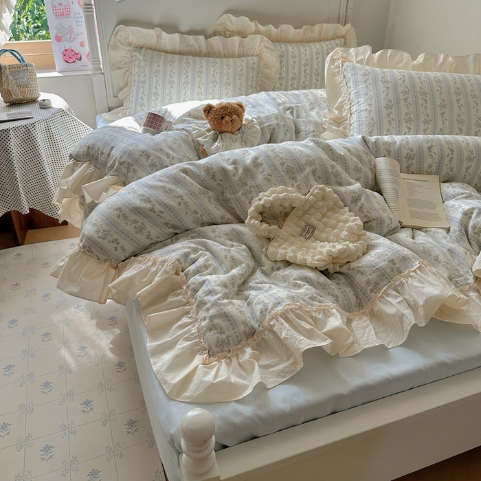 91家纺网 家纺一手货源 找家纺 六巷胡同2025新款法式小碎花a类全棉双层纱花边款四件套 双层纱-浅野茶漾